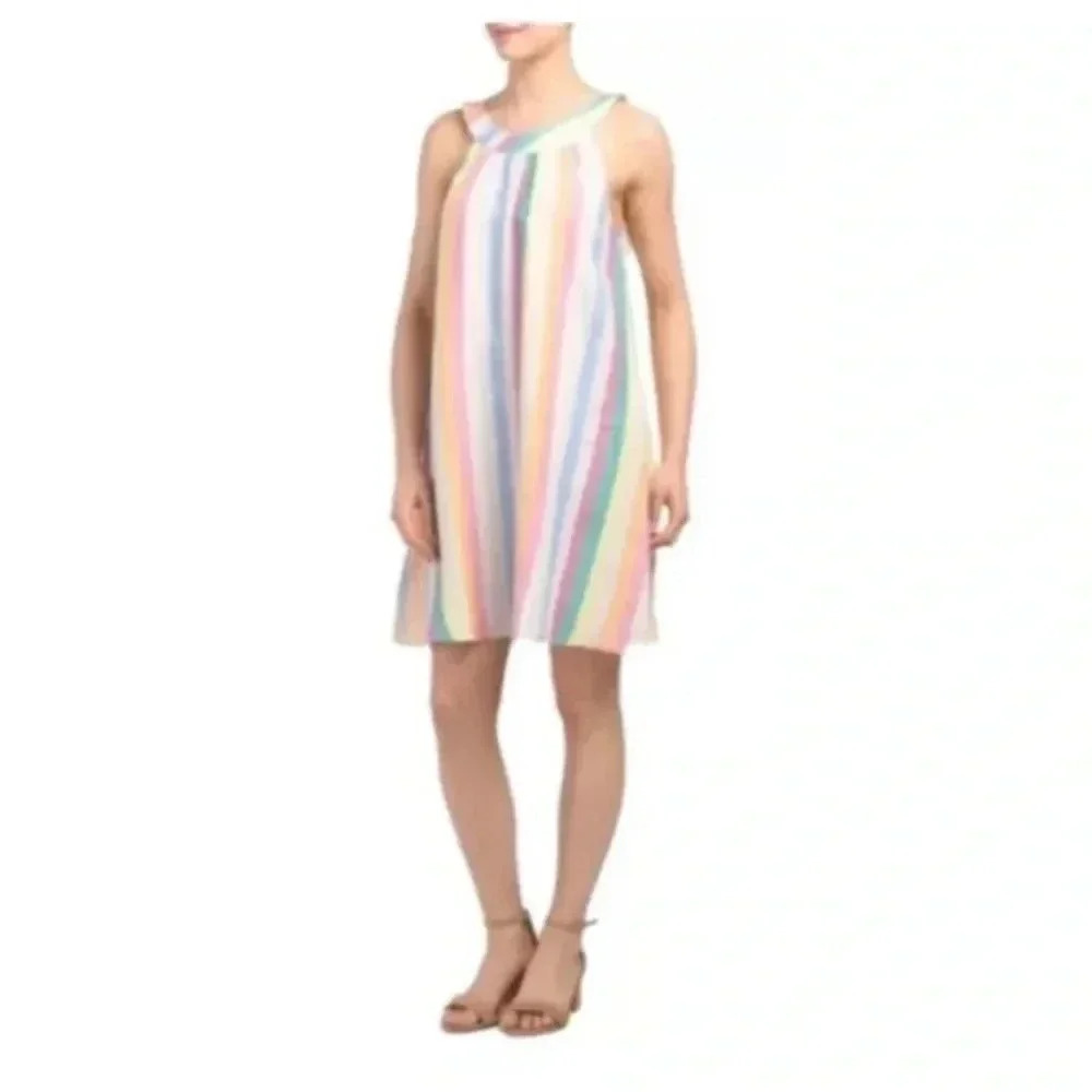 Woman C&C CALIFORNIA multicolor Stripe 100% Linen Sleeveless Swing Dress Small